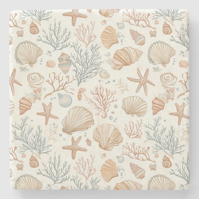 Rustic Coastal - Seashells, Starfish, Reef (32) Stone Coaster (Front)