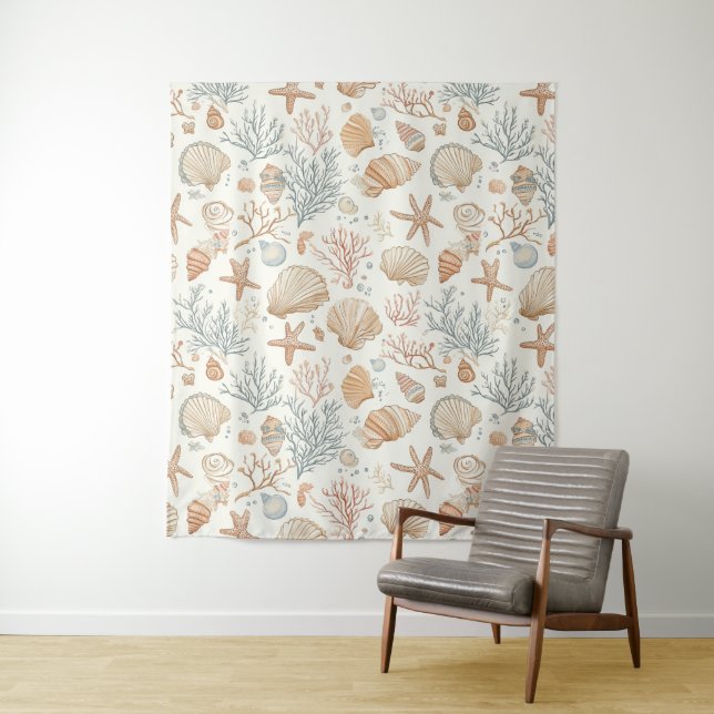 Rustic Coastal - Seashells, Starfish, Reef (32) Tapestry (In Situ)