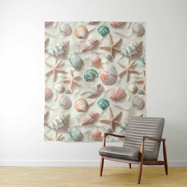 Rustic Coastal - Seashells, Starfish, Reef (33) Tapestry (In Situ)