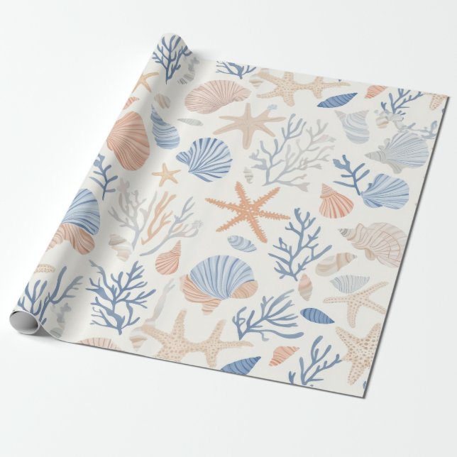 Rustic Coastal - Seashells, Starfish, Reef (34) Wrapping Paper (Unrolled)