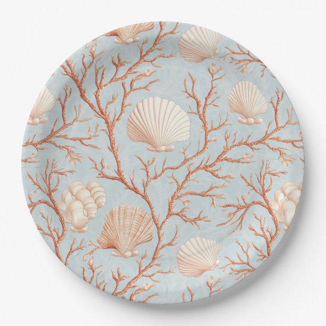 Rustic Coastal - Seashells, Starfish, Reef (36) Paper Plate (Front)