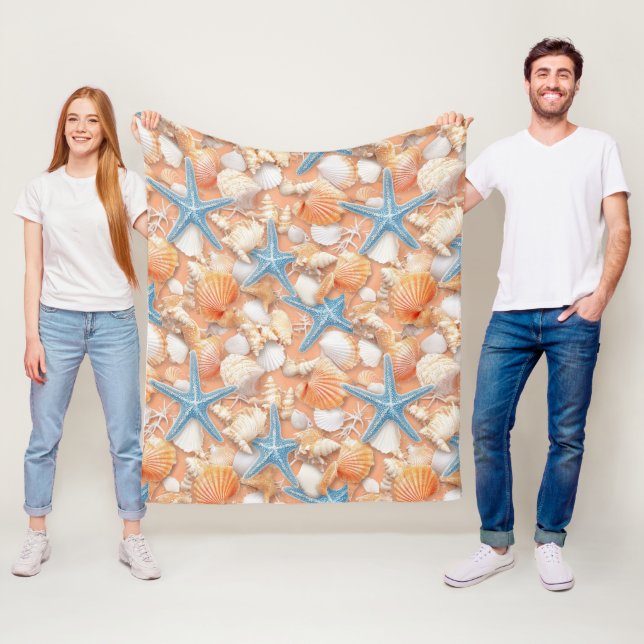 Rustic Coastal - Seashells, Starfish, Reef (4) Fleece Blanket (In Situ)