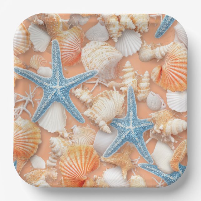 Rustic Coastal - Seashells, Starfish, Reef (4) Paper Plate (Front)