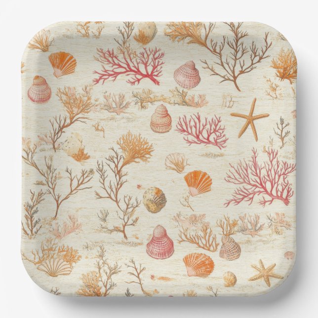 Rustic Coastal - Seashells, Starfish, Reef (5) Paper Plate (Front)
