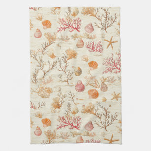 Rustic Coastal - Seashells, Starfish, Reef (5) Tea Towel