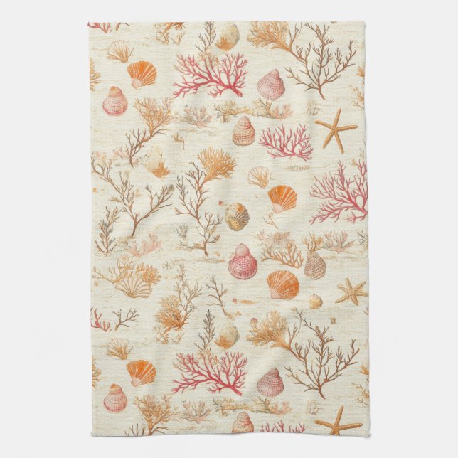 Rustic Coastal - Seashells, Starfish, Reef (5) Tea Towel (Vertical)