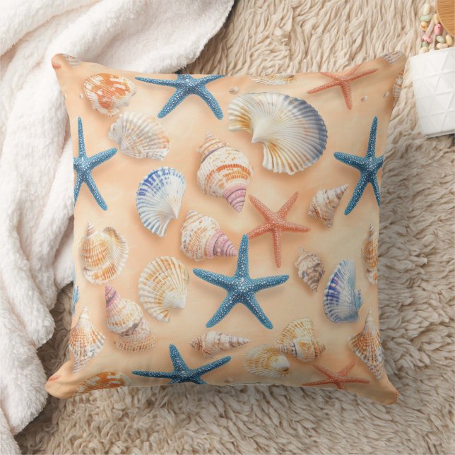 Rustic Coastal - Seashells, Starfish, Reef (6) Cushion (Blanket)