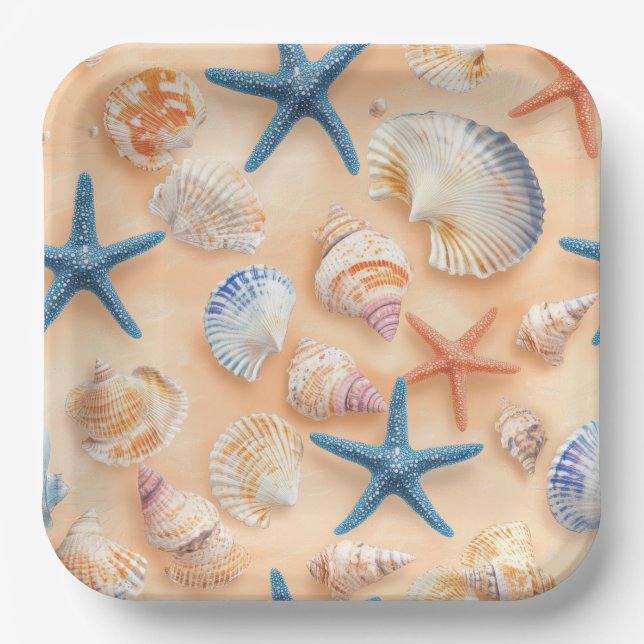 Rustic Coastal - Seashells, Starfish, Reef (6) Paper Plate (Front)