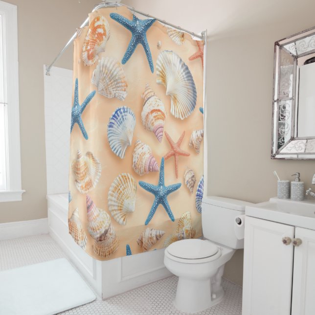 Rustic Coastal - Seashells, Starfish, Reef (6) Shower Curtain (In Situ)