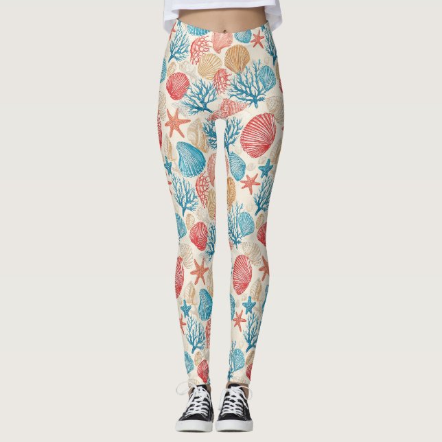 Rustic Coastal - Seashells, Starfish, Reef (7) Leggings (Front)