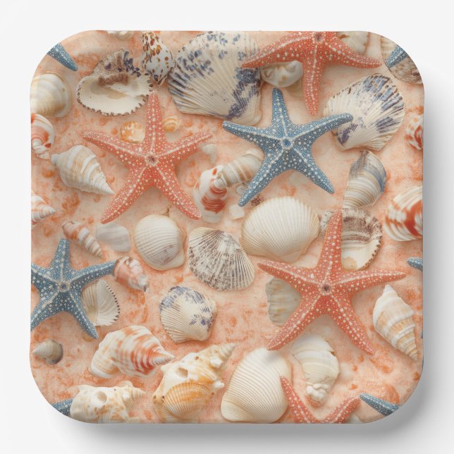 Rustic Coastal - Seashells, Starfish, Reef (8) Paper Plate (Front)