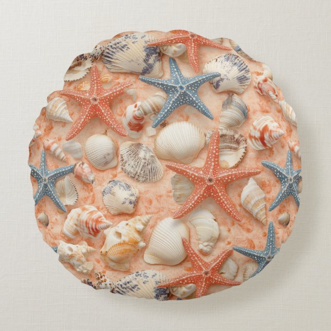 Rustic Coastal - Seashells, Starfish, Reef (8) Round Cushion (Front)