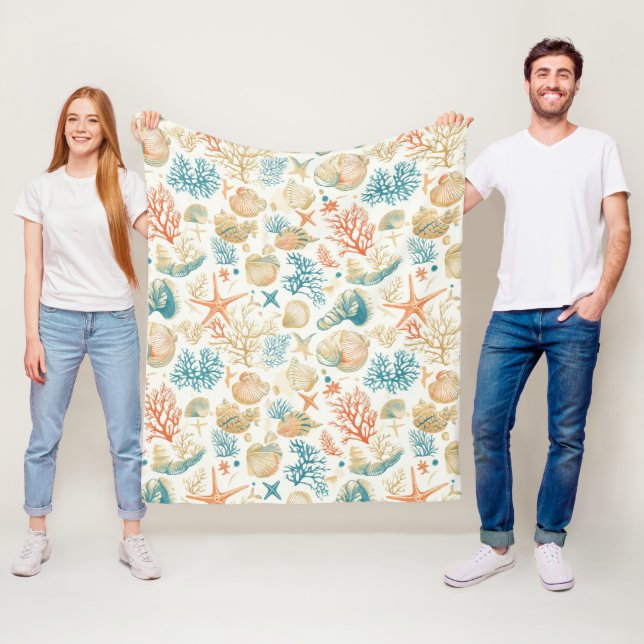 Rustic Coastal - Seashells, Starfish, Reef (9) Fleece Blanket (In Situ)