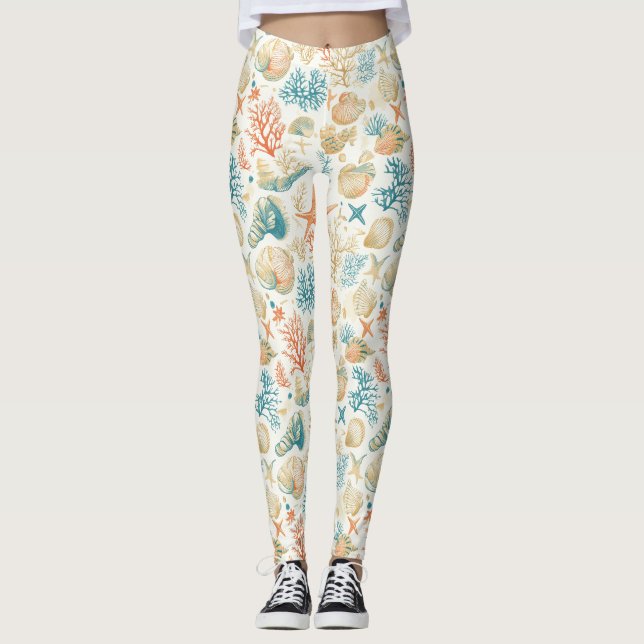 Rustic Coastal - Seashells, Starfish, Reef (9) Leggings (Front)