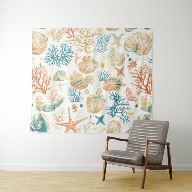 Rustic Coastal - Seashells, Starfish, Reef (9) Tapestry (In Situ (Horizontal))