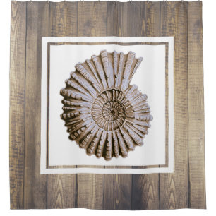 Rustic Coastal Spiral Seashell & Driftwood Planks Shower Curtain