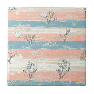 Rustic Coastal Stripes with Seashells and Coral Ceramic Tile