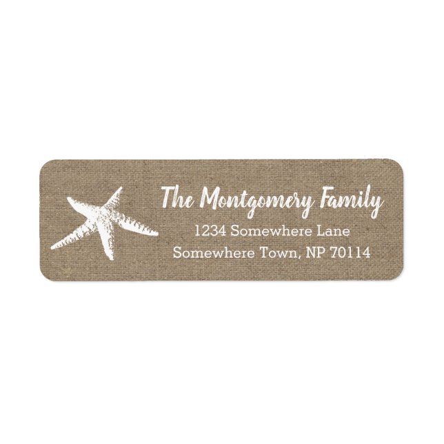 Rustic Coastal White Starfish & Faux Burlap Return Address Label (Front)