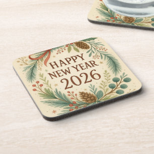 rustic coaster set for happy new year 2026