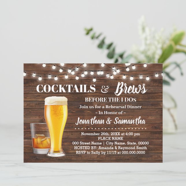 Rustic Cocktails & Brews Before I do Rehearsal Invitation (Standing Front)