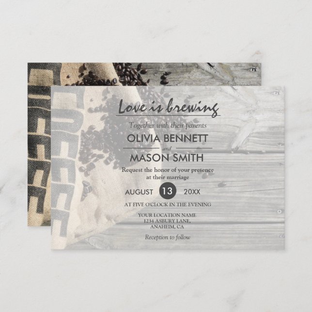 Rustic Coffee Bean-Love is Brewing Wedding Card (Front/Back)