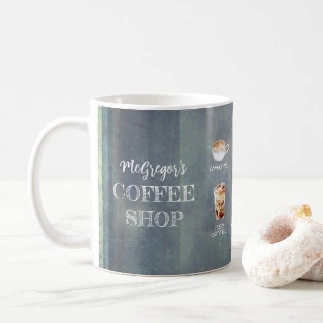 Rustic Coffee Shop Family or Business Green Mug (With Donut)