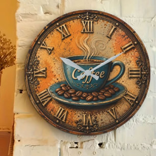 Rustic Coffee Vintage Farmhouse Kitchen Decor Large Clock