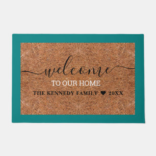 Rustic Coir Teal Welcome Home  Family Name  Doormat