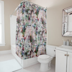 Rustic coloured weird drawing under abstract jute shower curtain