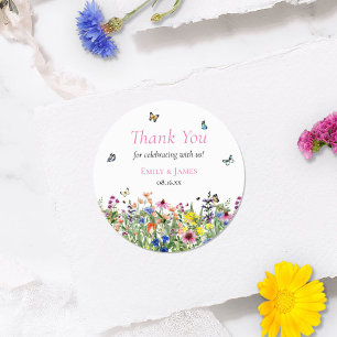 Rustic Colourful Wildflowers Wedding Thank You Classic Round Sticker