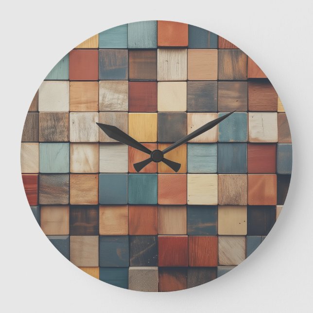 Rustic Colourful Wooden Blocks Pattern Large Clock (Front)