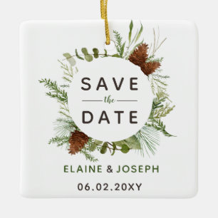Rustic Conifer Pine Cone Save The Date Photo Ceramic Ornament