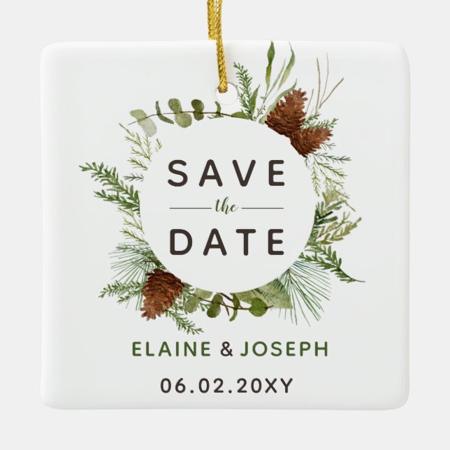 Rustic Conifer Pine Cone Save The Date Photo Ceramic Ornament (Front)