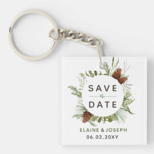 Rustic Conifer Pine Cone Save The Date Photo Key Ring