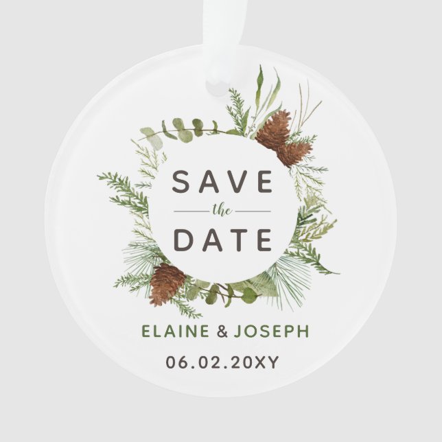 Rustic Conifer Pine Cone Save The Date Photo Ornament (Front)