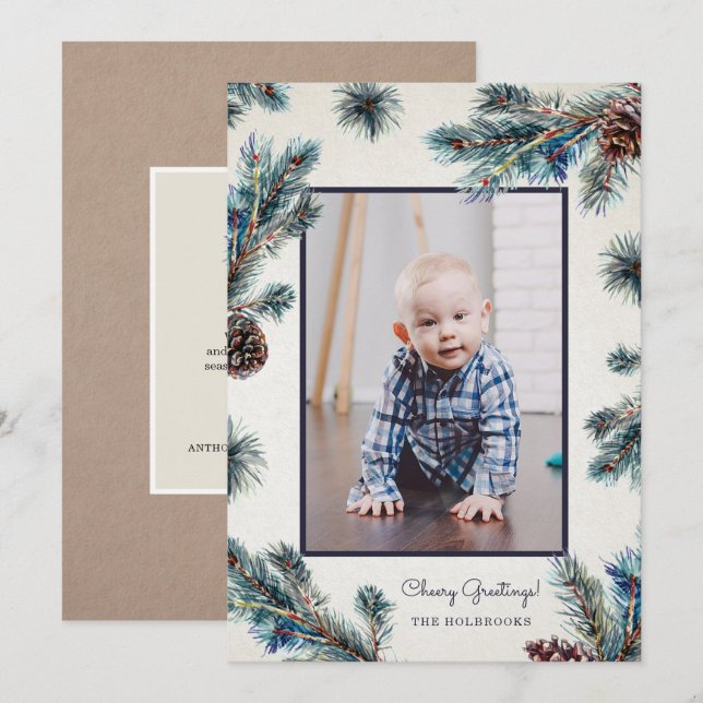 Rustic Conifer Watercolor Pinecones Photo Holiday Card (Front/Back)