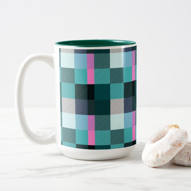Rustic Contemporary Plaid  Two-Tone Coffee Mug (With Donut)