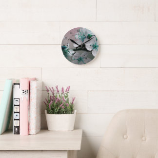 Rustic Contemporary Teal Flower Round Clock