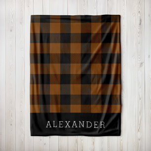 Rustic Copper and Black Buffalo Check Monogram Fleece Blanket