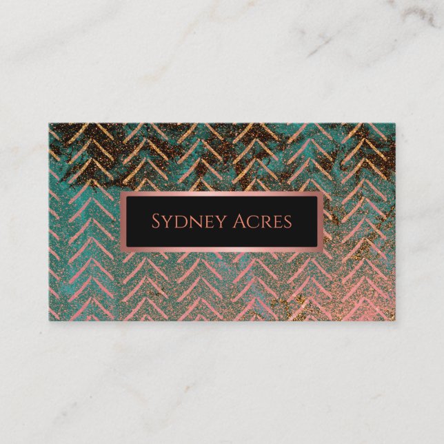 Rustic Copper and Teal Marble Chevron Business Card (Front)