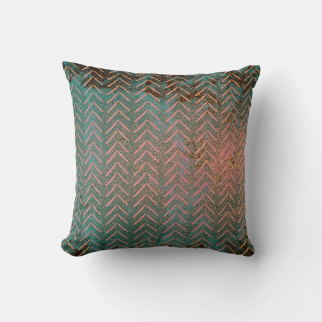 Rustic Copper and Teal Marble Chevron Cushion (Front)