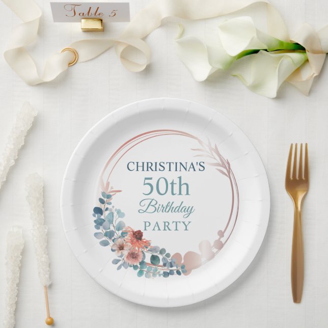 Rustic Copper Blue Floral 50th Birthday Party    Paper Plate (Wedding)