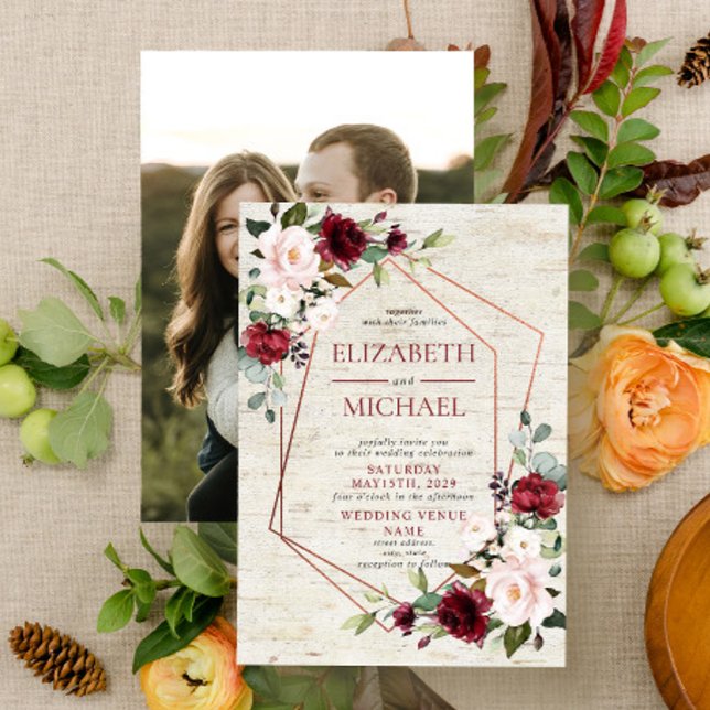 Rustic Copper Geometric Burgundy Photo Wedding Invitation (Creator Uploaded)