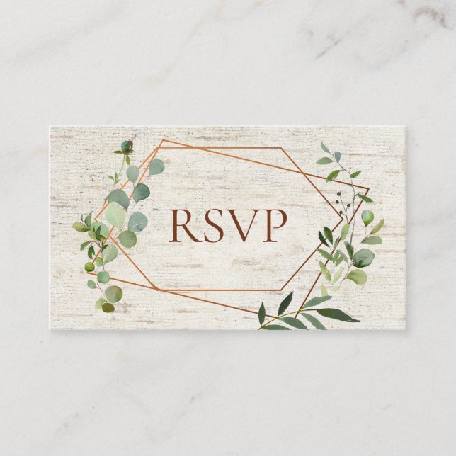 Rustic Copper Geometric Eucalyptus Birch RSVP Enclosure Card (Front)