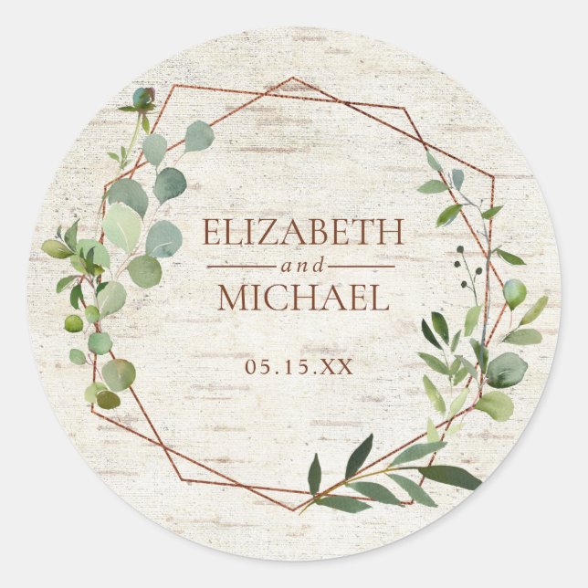 Rustic Copper Geometric Eucalyptus Birch Wedding Classic Round Sticker (Front)