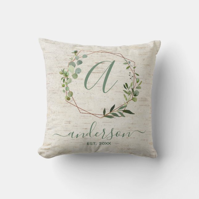 Rustic Copper Geometric Greenery Family Monogram Cushion (Front)