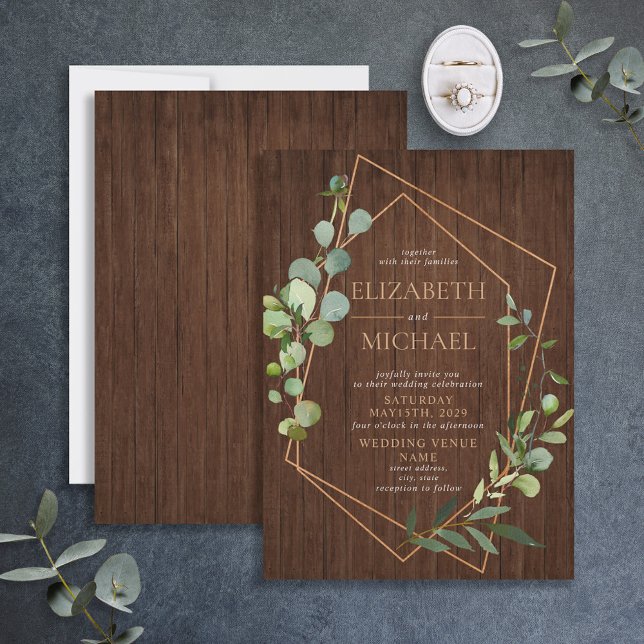 Rustic Copper Geometric Wood Eucalyptus Wedding Invitation (Creator Uploaded)