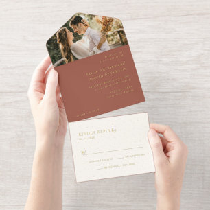 Rustic Copper Photo Editorial Modern Wedding All In One Invitation