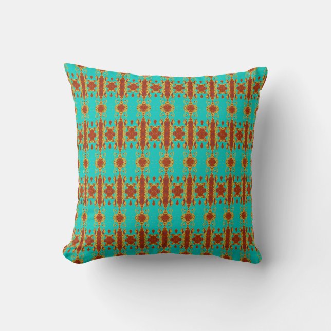 Rustic Copper Red Turquoise Green Pattern Cushion (Front)