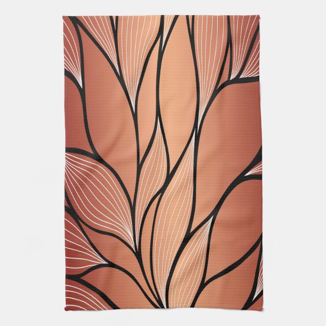 Rustic Coppery Bronze Leave Pattern  Tea Towel (Vertical)